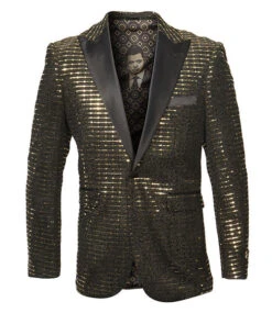 Empire Collection - Gold Sequin Texture Design Sports Coat Slim Fit In Black