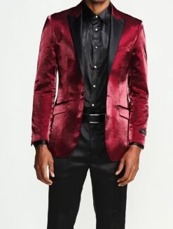 Slim Fit Shine Blazer 1 Button With Satin Peak Lapel In Burgundy