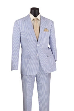 Modern Fit Summer 2 Piece 2 Button Suit Striped Seersucker In Navy