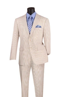 Modern Fit Summer 2 Piece 2 Button Suit Striped Seersucker In Tan
