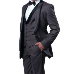 Gray Slim Fit Tuxedo 3 Piece With Satin Shawl Collar Vest