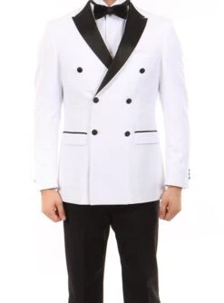 Double Breasted Slim Fit Tuxedo White With Black Satin Peak Lapel