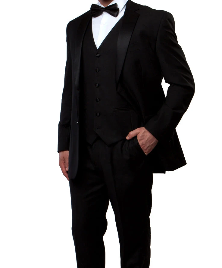 Solid Black Modern Fit Tuxedo 3 Piece With 6 Button Vest 3 Solid Black Modern Fit Tuxedo 3 Piece With 6 Button Vest