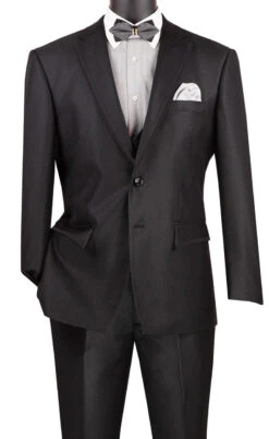 Birdseye Pattern Modern Fit 3 Piece Black Suit With Black Trim -Clothing Shop MV2B 1 BLACK