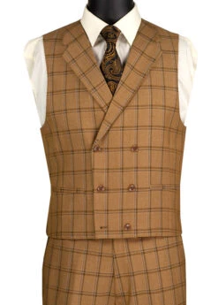 Tuscany Collection - Modern Fit Windowpane Suit 3 Piece In Camel -Clothing Shop MV2W 2 CAMEL VEST
