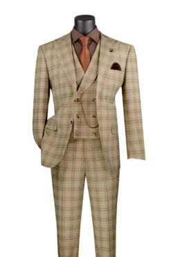 Khaki Modern Fit Windowpane Peak Lapel 3 Piece Suit