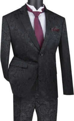 Black Tone On Tone Paisley Pattern Slim Fit Men's 2 Piece Suit 2 Button