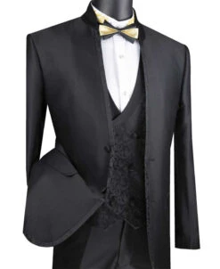 Bourbon Collection - Slim Fit 3 Piece Banded Collar Shiny Sharkskin Suit In Black -Clothing Shop SO1SV2HT 2 BLACK