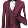 Bourbon Collection - Slim Fit 3 Piece Banded Collar Shiny Sharkskin Suit In Burgundy -Clothing Shop SO1SV2HT 2 BUR2
