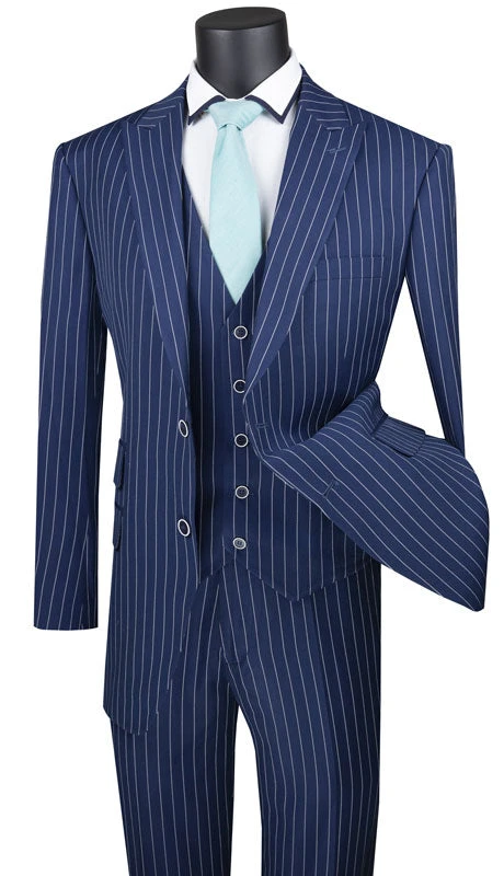 Odyssey Collection - Blue Regular Fit 3 Piece Suit 2 Button Gangster Stripe 3 Odyssey Collection - Blue Regular Fit 3 Piece Suit 2 Button Gangster Stripe
