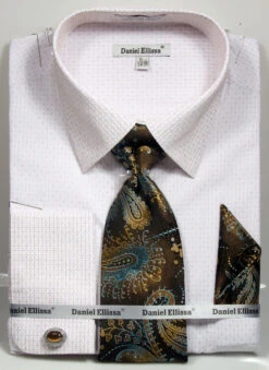 French Cuff Dress Shirt Regular Fit In White/Beige With Tie, Cuff Links And Pocket Square