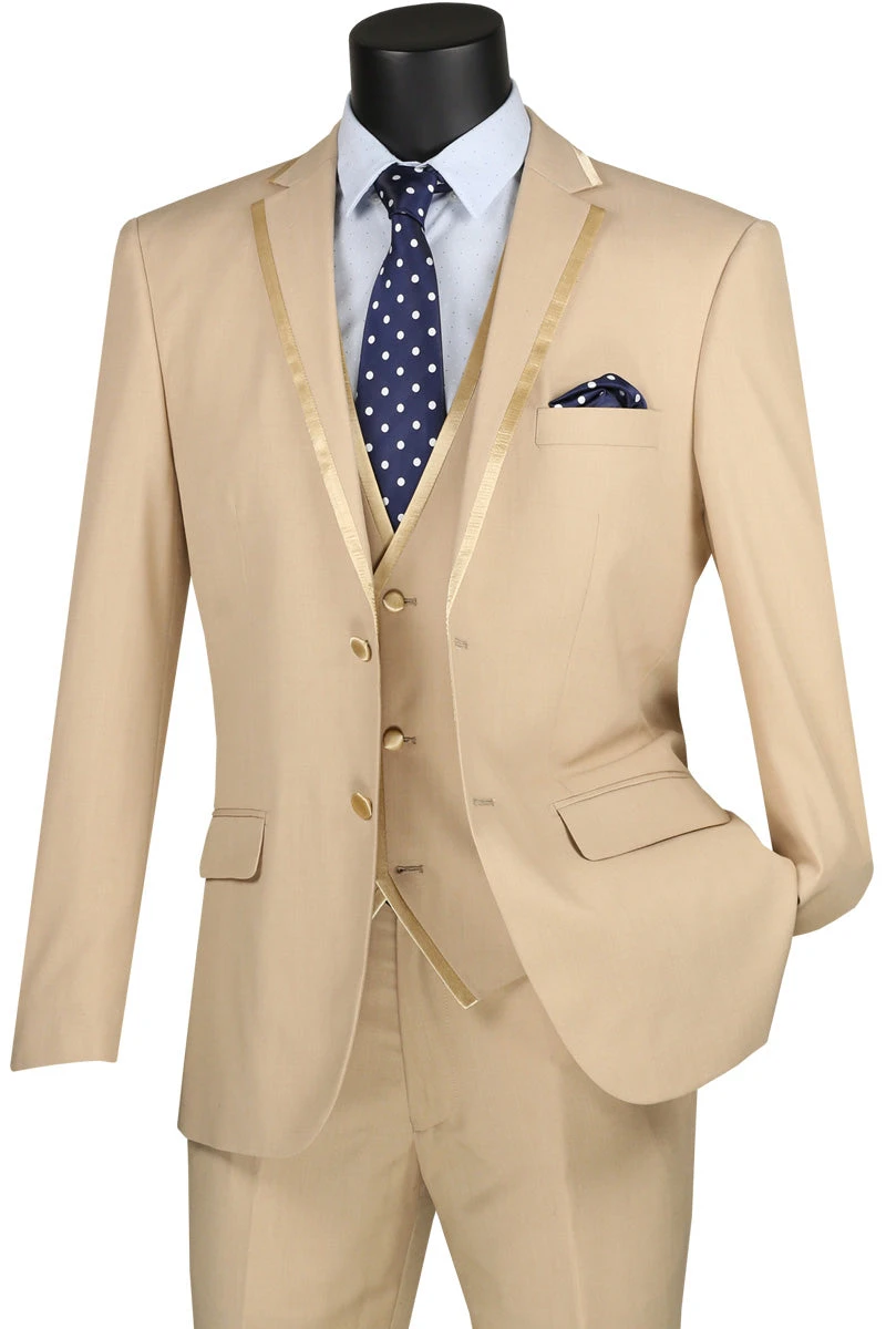 Leonardo Collection - Slim Fit Tuxedo 2 Buttons 3 Piece Beige Suit 3 Leonardo Collection - Slim Fit Tuxedo 2 Buttons 3 Piece Beige Suit