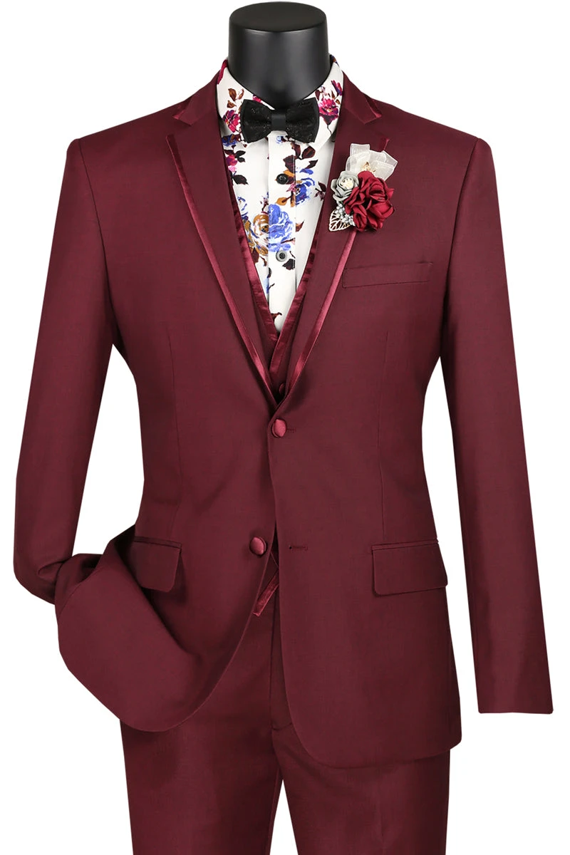 Leonardo Collection - Slim Fit Tuxedo 2 Buttons 3 Piece Burgundy Suit 3 Leonardo Collection - Slim Fit Tuxedo 2 Buttons 3 Piece Burgundy Suit