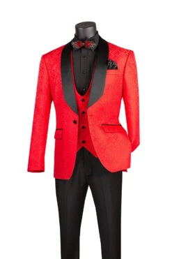 Slim Fit Tuxedo 3 Piece With Jacquard Pattern In Red