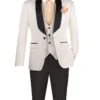 Slim Fit Tuxedo 3 Piece With Jacquard Pattern In White -Clothing Shop TVSJ 1 WHITE BASE POCKETSQUARE JPG