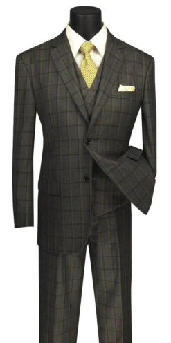 Atrani Collection - Regular Fit Windowpane Suit 3 Piece In Brownish Olive