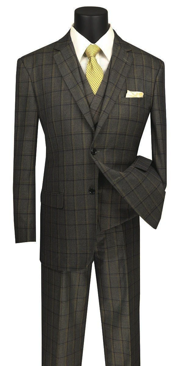 Atrani Collection - Regular Fit Windowpane Suit 3 Piece In Brownish Olive 3 Atrani Collection - Regular Fit Windowpane Suit 3 Piece In Brownish Olive