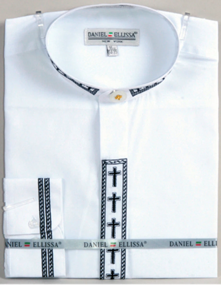 Men's Banded Collar Embroidered Shirt In White/Black 3 Men's Banded Collar Embroidered Shirt In White/Black