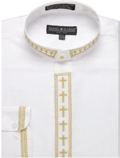 Men's Banded Collar Embroidered Shirt In White/Gold