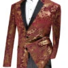 Slim Fit Velvet Jacket 2 Button Peak Lapel Paisley Pattern In Maroon/Gold -Clothing Shop bs 13 maroon S