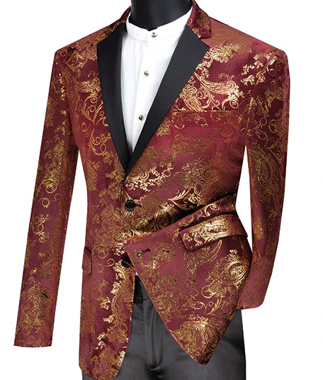 Slim Fit Velvet Jacket 2 Button Peak Lapel Paisley Pattern In Maroon/Gold 3 Slim Fit Velvet Jacket 2 Button Peak Lapel Paisley Pattern In Maroon/Gold