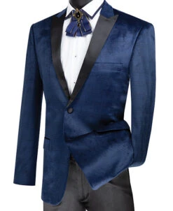 (XL, 3XL) Slim Fit Velvet Jacket 2 Button Peak Lapel Glen Plaid Pattern In Navy