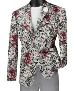 Slim Fit Floral Design Jacket In Red