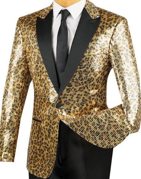 Regular Fit Gold Sequins Party Jacket With Trim Leopard Pattern 3 Regular Fit Gold Sequins Party Jacket With Trim Leopard Pattern