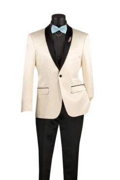Champagne Beige Slim Fit Blazer Stretch Sateen 1 Button With Narrow Shawl Lapel