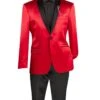 Red Slim Fit Blazer Stretch Sateen 1 Button With Narrow Shawl Lapel -Clothing Shop bst 1 red