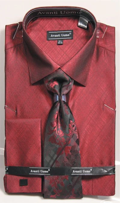 French Cuff Regular Fit Shirt In Burgundy With Tie, Cuff Links, And Handkerchief 3 French Cuff Regular Fit Shirt In Burgundy With Tie, Cuff Links, And Handkerchief