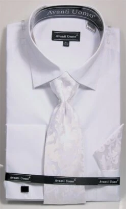 French Cuff Regular Fit Shirt In White With Tie, Cuff Links And Handkerchief
