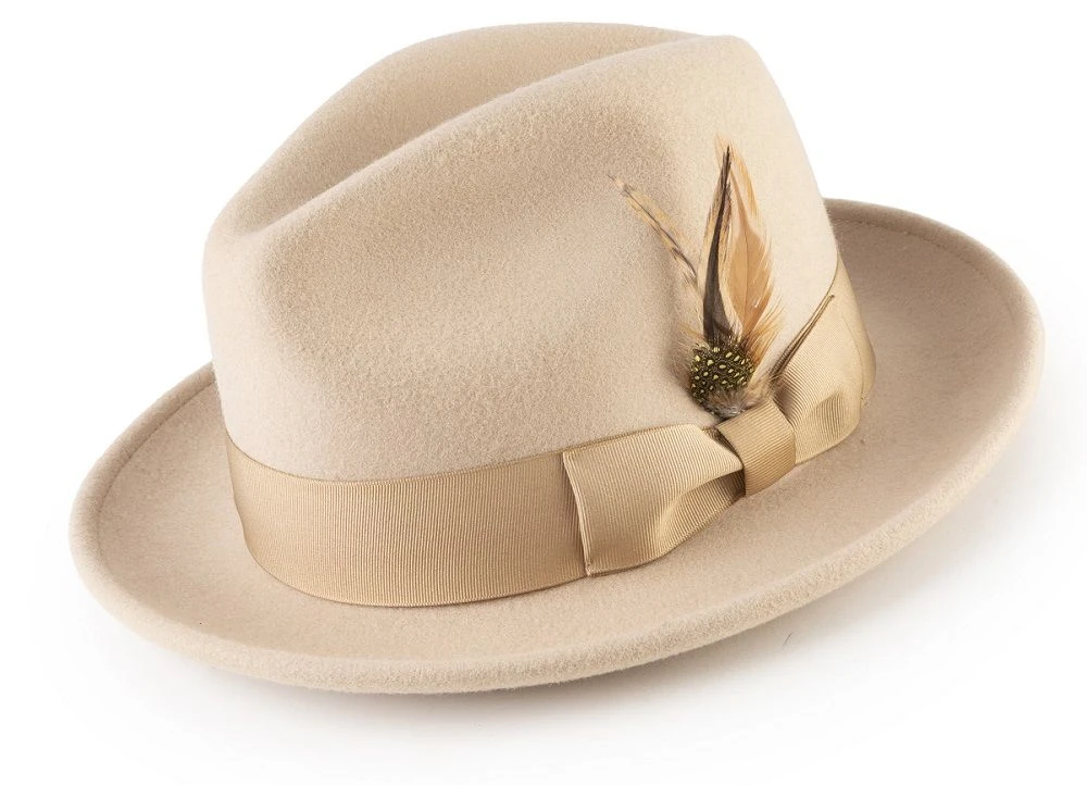 Wool Felt Fedora Pinch Front With Feather Accent In Beige 3 Wool Felt Fedora Pinch Front With Feather Accent In Beige