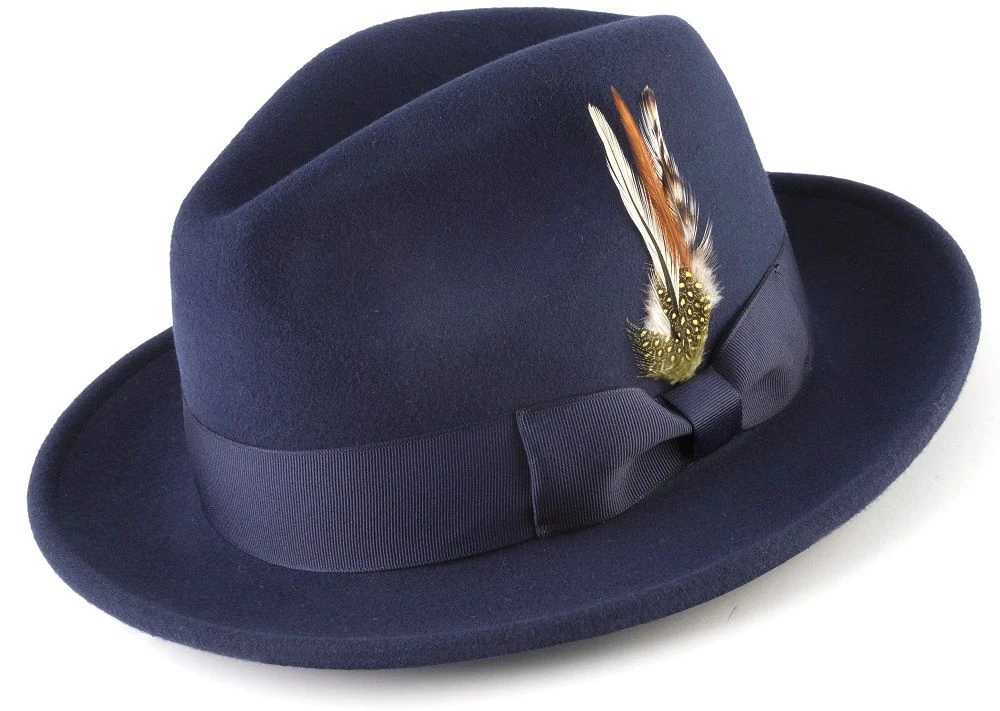 Wool Felt Fedora Pinch Front With Feather Accent In Navy 3 Wool Felt Fedora Pinch Front With Feather Accent In Navy