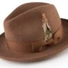 Wool Felt Fedora Pinch Front With Feather Accent In Tan -Clothing Shop h 60 tan