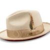 2 ⅜" Brim Wool Felt Dress Hat With Feather Accent Beige With Red Bottom