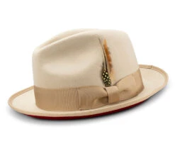 2 ⅜" Brim Wool Felt Dress Hat With Feather Accent Beige With Red Bottom