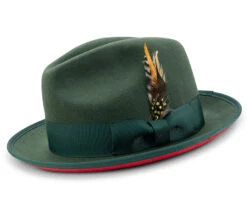 2 ⅜" Brim Wool Felt Dress Hat With Feather Accent Hunter Green With Red Bottom