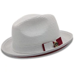 Two Tone Braided Ribbon Stingy Brim Pinch Fedora - White With Red Bottom
