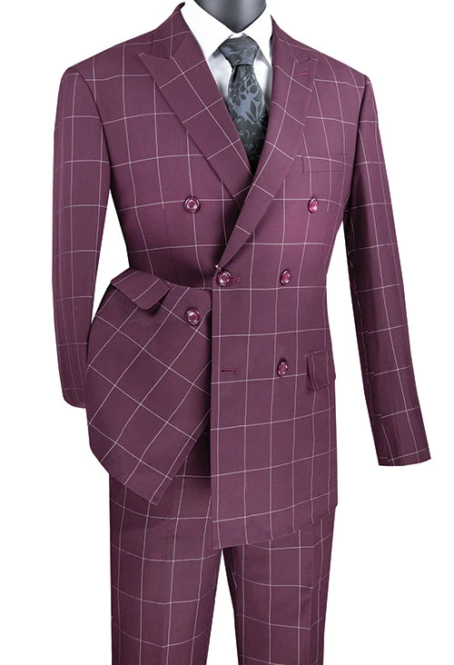 Naples Collection - Wine Modern Fit Double Breasted Windowpane Peak Lapel 2 Piece Suit 3 Naples Collection - Wine Modern Fit Double Breasted Windowpane Peak Lapel 2 Piece Suit