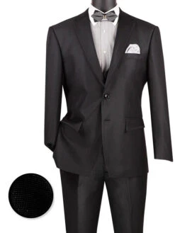 Birdseye Pattern Modern Fit 3 Piece Black Suit With Black Trim