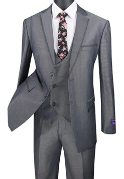 Birdseye Pattern Modern Fit 3 Piece Charcoal Suit With Contrast Trim -Clothing Shop mv2b 1 charcoal s