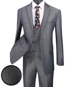 Birdseye Pattern Modern Fit 3 Piece Charcoal Suit With Contrast Trim