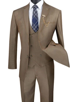 Birdseye Pattern Modern Fit 3 Piece Khaki Suit With Contrast Trim -Clothing Shop mv2b 1 khaki s