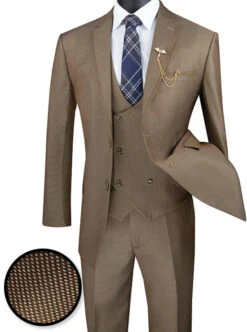 Birdseye Pattern Modern Fit 3 Piece Khaki Suit With Contrast Trim