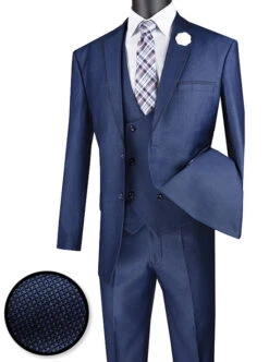 Birdseye Pattern Modern Fit 3 Piece Navy Suit With Contrast Trim