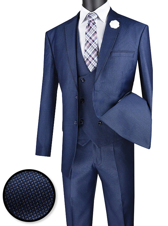 Birdseye Pattern Modern Fit 3 Piece Navy Suit With Contrast Trim 3 Birdseye Pattern Modern Fit 3 Piece Navy Suit With Contrast Trim