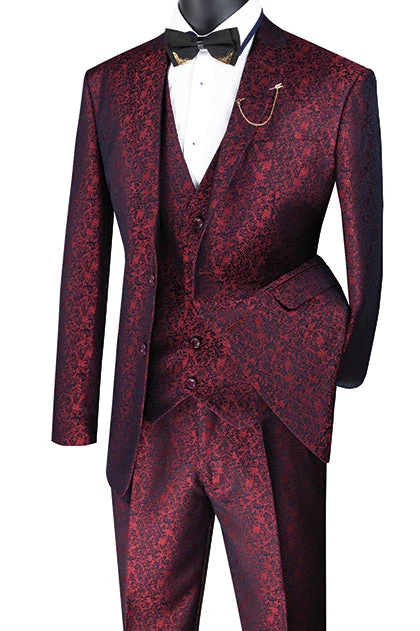 Slim Fit 3 Piece Suit Ruby Floral Pattern Matching Vest And Pants 3 Slim Fit 3 Piece Suit Ruby Floral Pattern Matching Vest And Pants